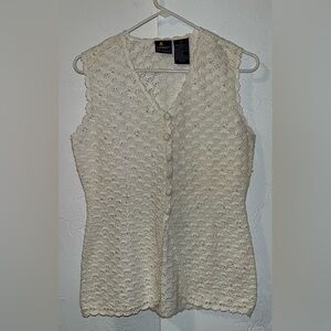 Lizsport Petite Crocheted By Hand Cream Vest with Pearls & Buttons